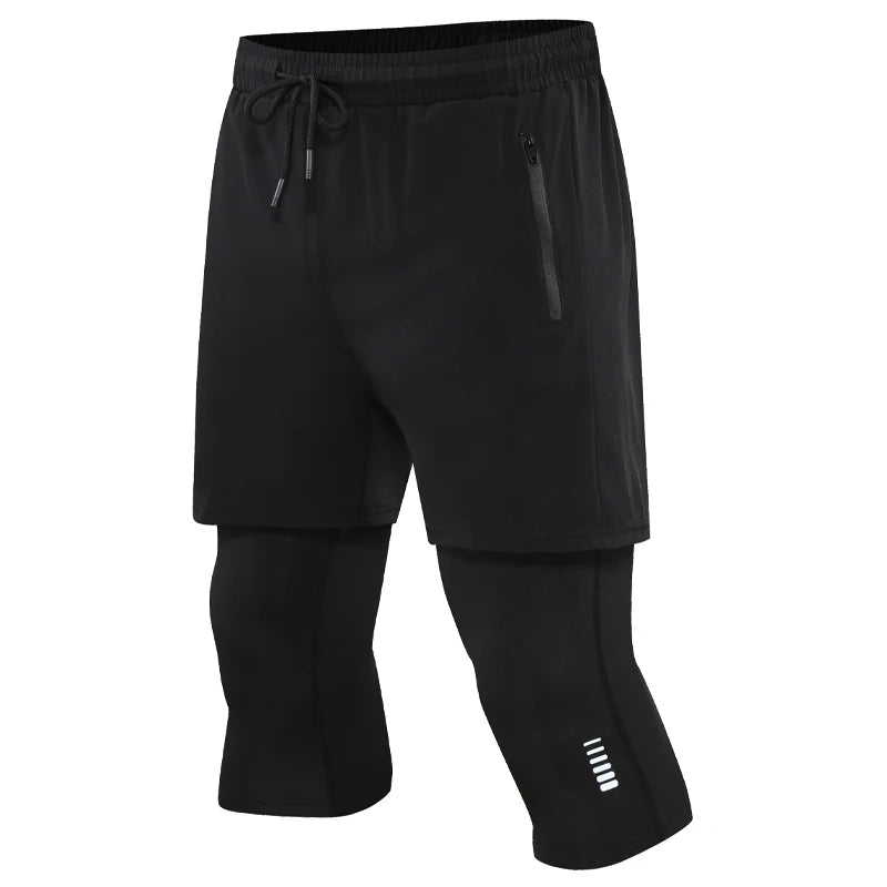 Men Sport 2 In 1 Cropped Pants Compression Running Pants