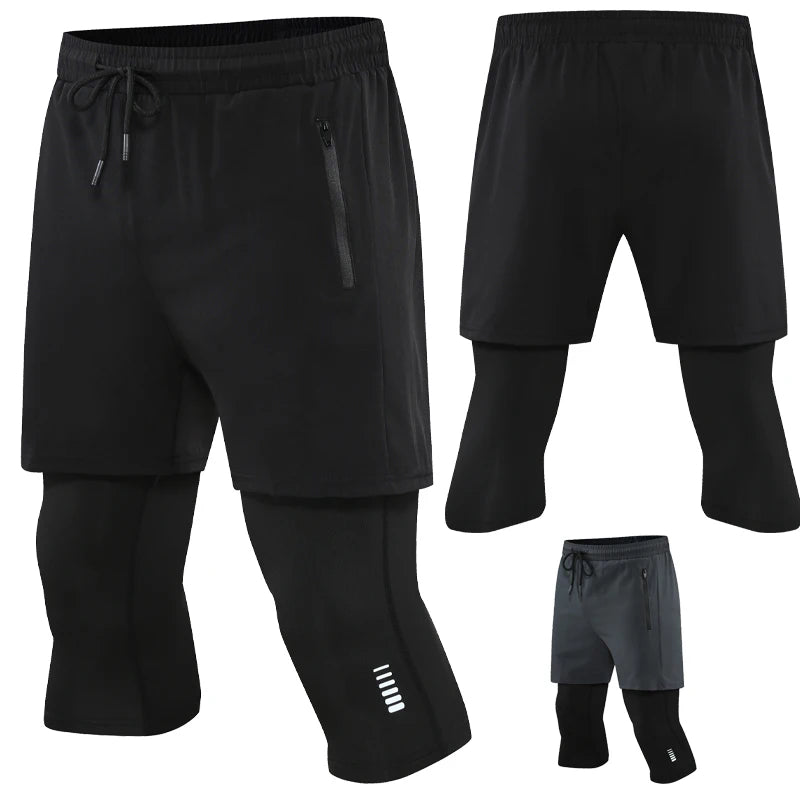 Men Sport 2 In 1 Cropped Pants Compression Running Pants